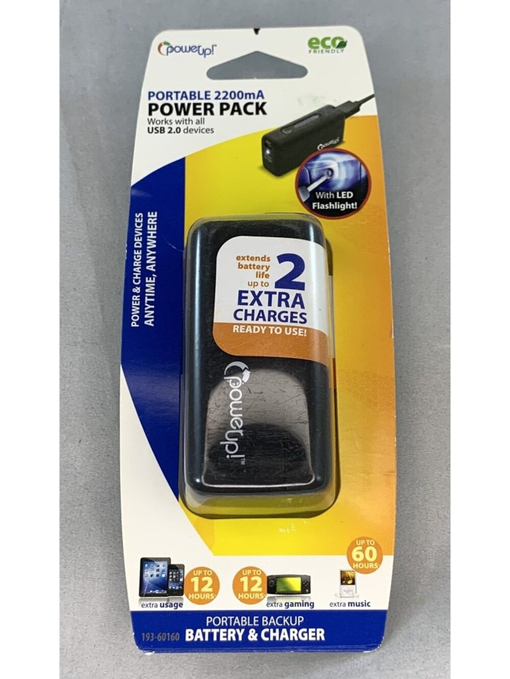 PowerUp! Portable 2200mA Power Pack USB Battery Charger With LED Flashlight NEW